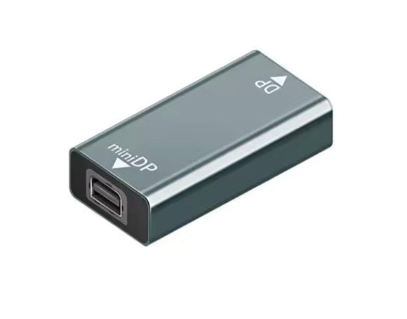 DisplayPort 1.4 female to Mini DisplayPort female 4K video adapter connector in compact metal housing