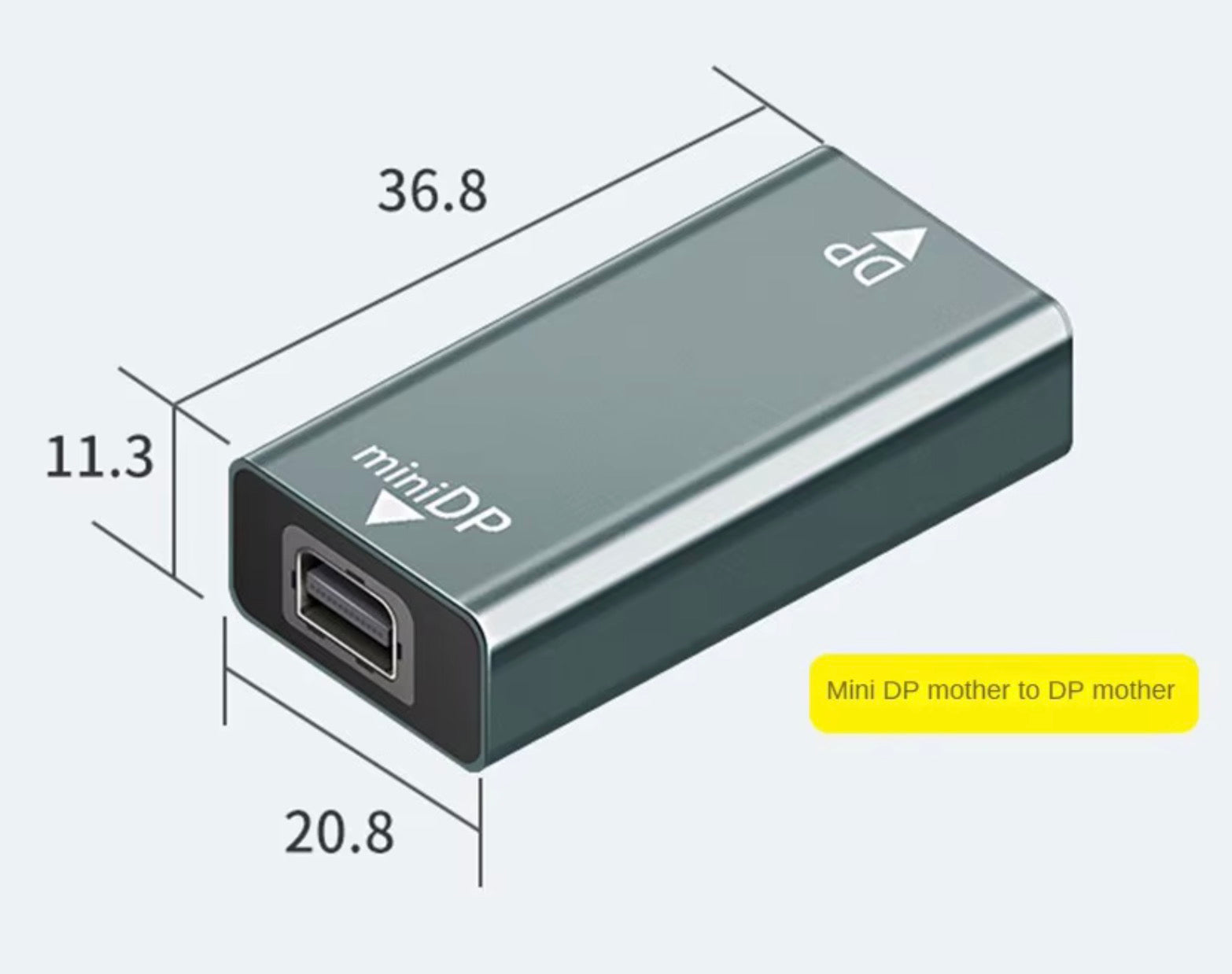 DisplayPort 1.4 female to Mini DisplayPort female 4K video adapter connector in compact metal housing