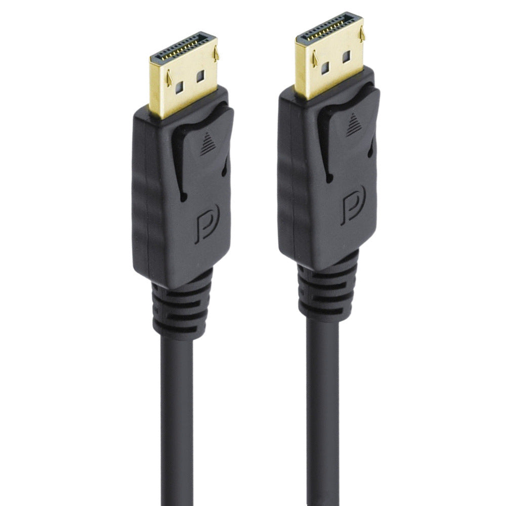 A black DisplayPort to DisplayPort cable with gold-plated connectors and latches on the connectors.