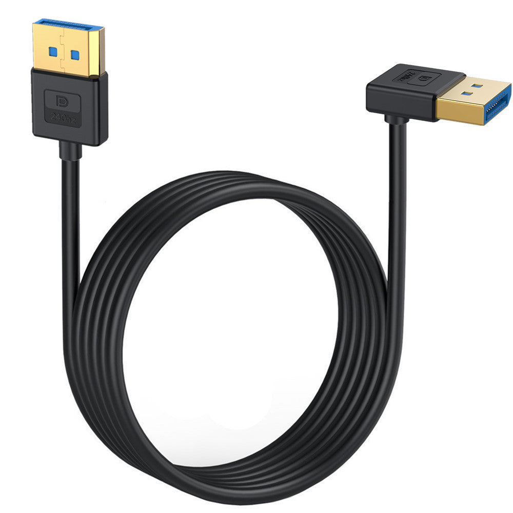A black DisplayPort 1.4 cable with a down angle male connector on one end and a standard USB connector on the other, against a white background.