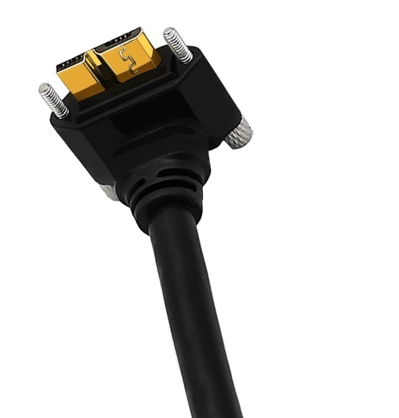 Black cable with a gold connector on a white background