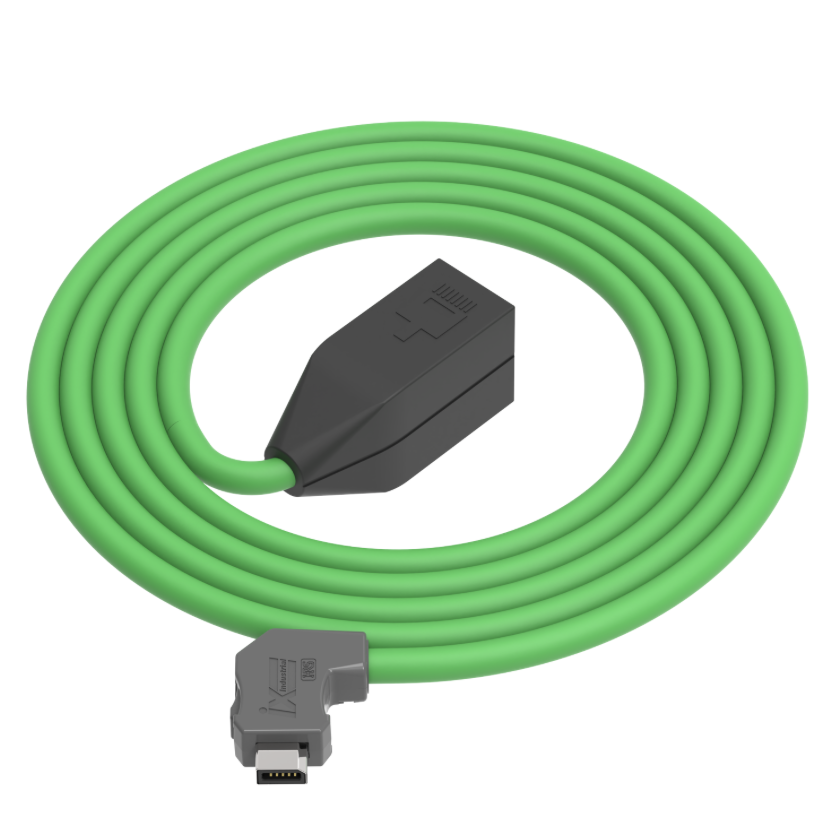 Green cable with black and gray connectors on a white background