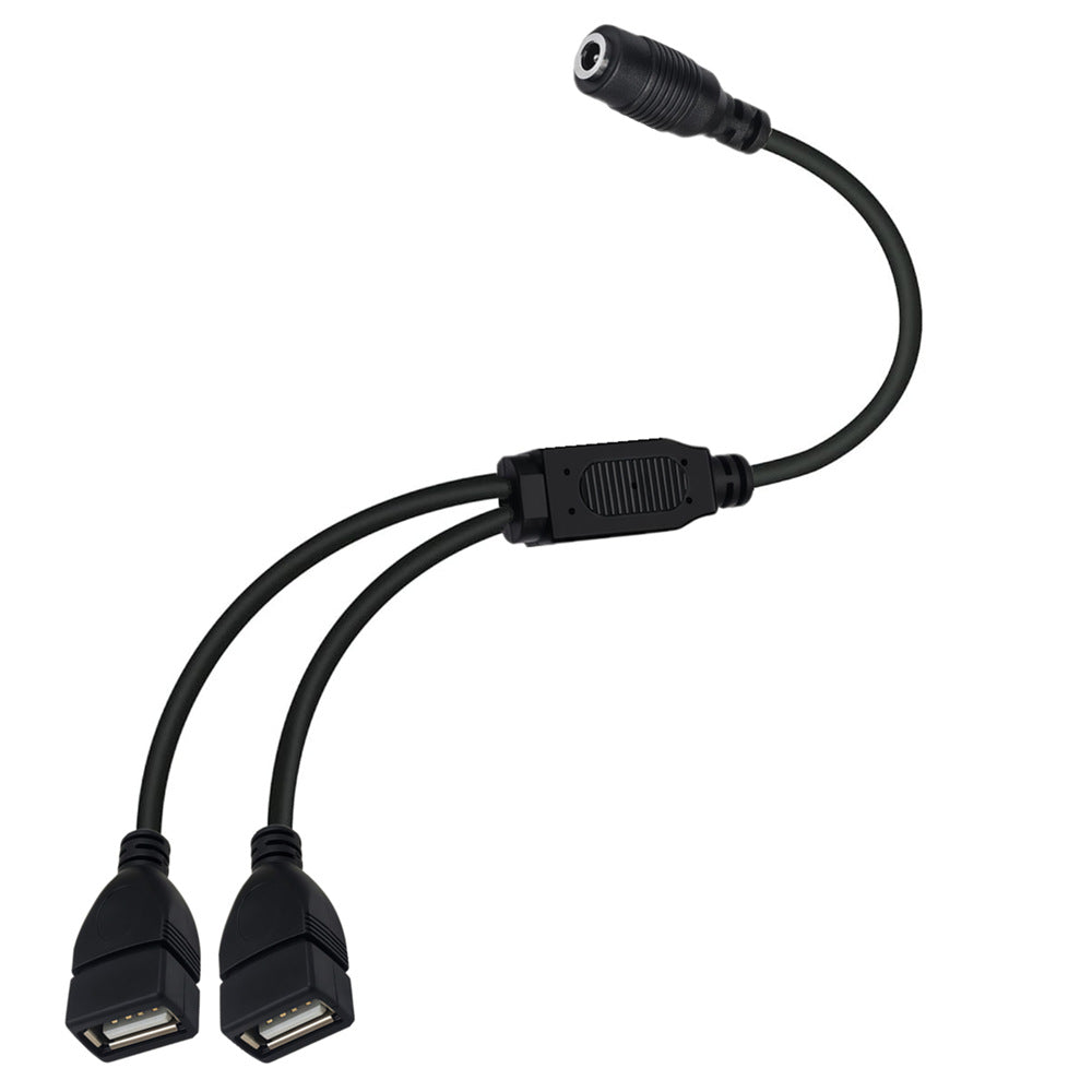 Dual USB 2.0 female splitter cable with 3.5 × 1.35 mm DC female connector