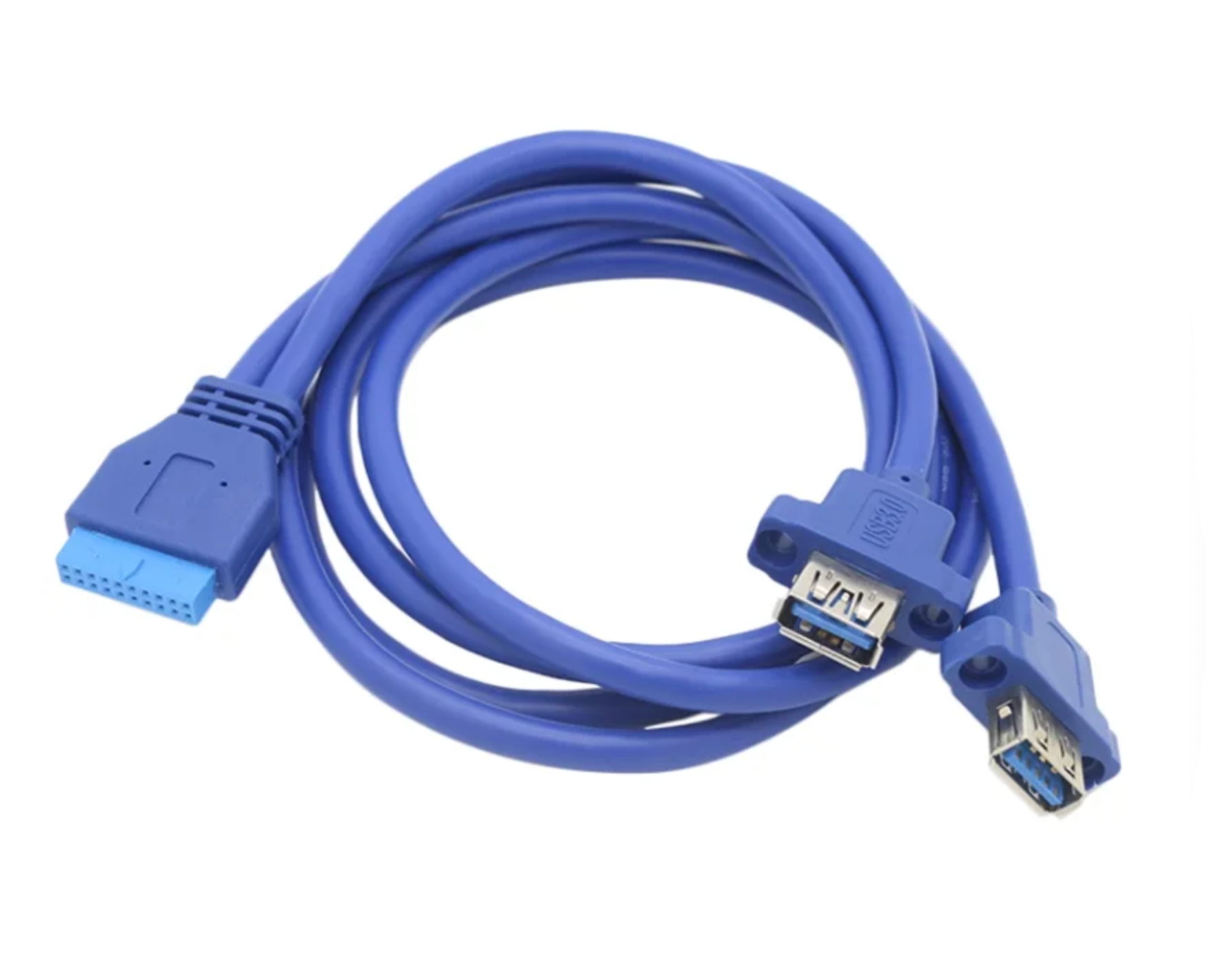 Blue USB extension cable on a white background