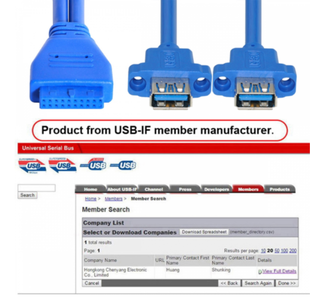 Blue USB cables with connectors on a white background, featuring USB-IF branding.