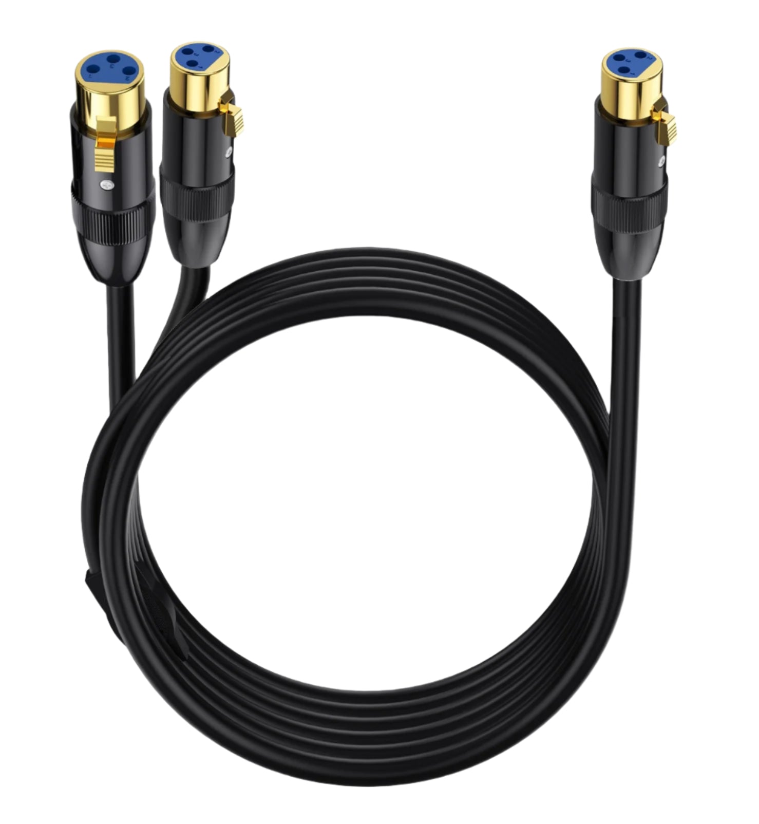 Black audio cable with XLR connectors on a white background