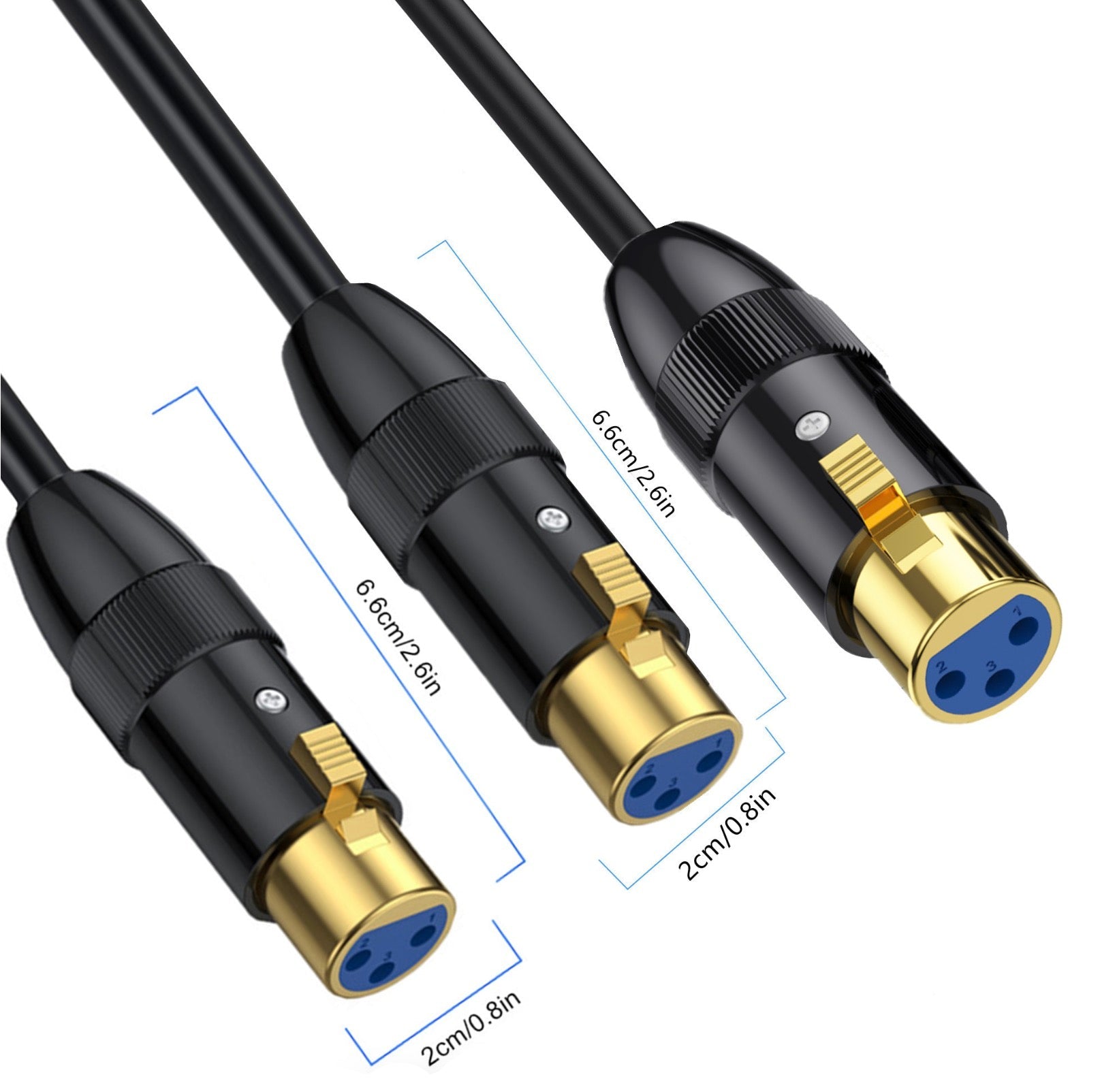 Two XLR cables with black and gold connectors on a white background