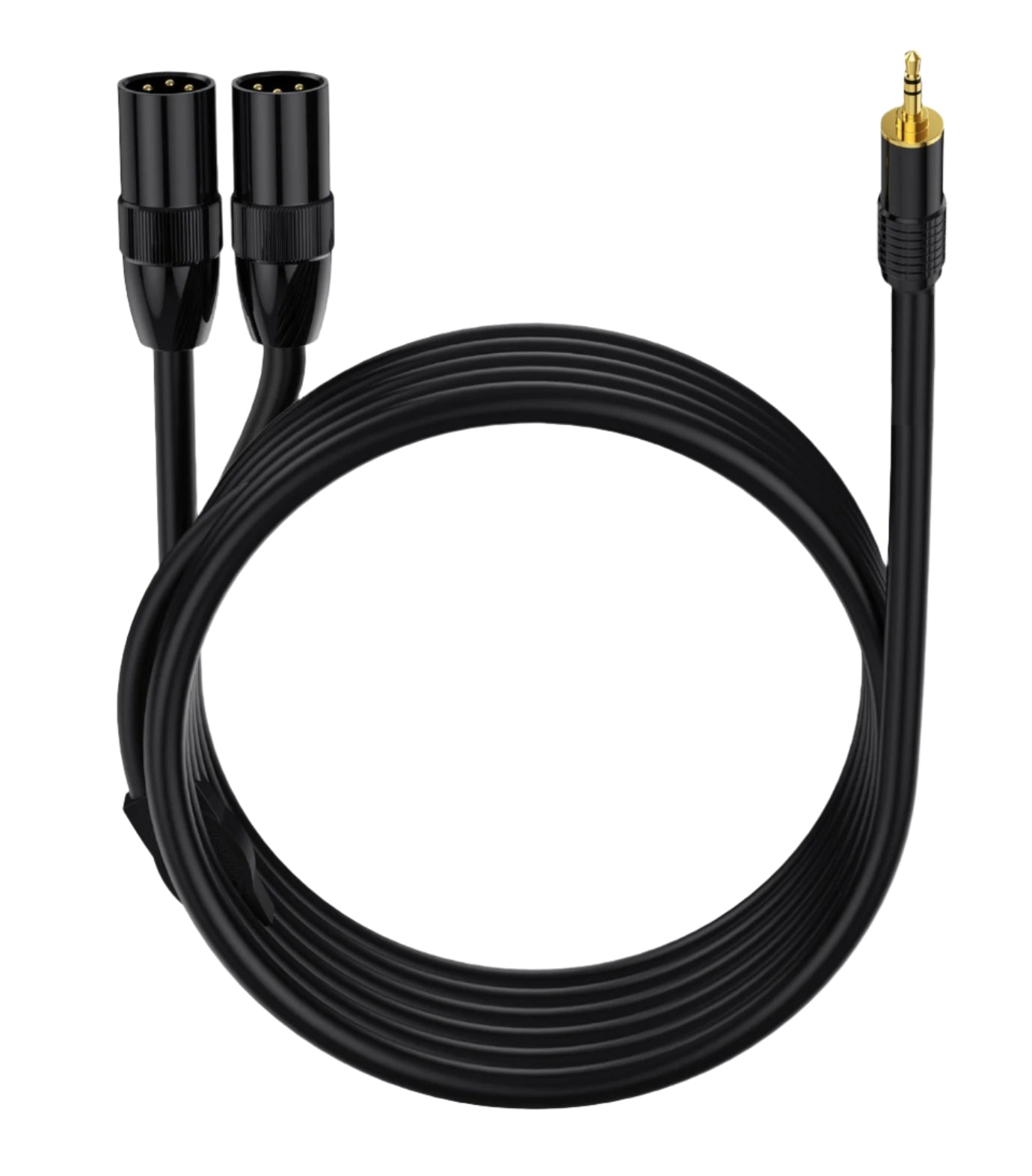 Black audio cable with XLR and 3.5mm plug on a white background