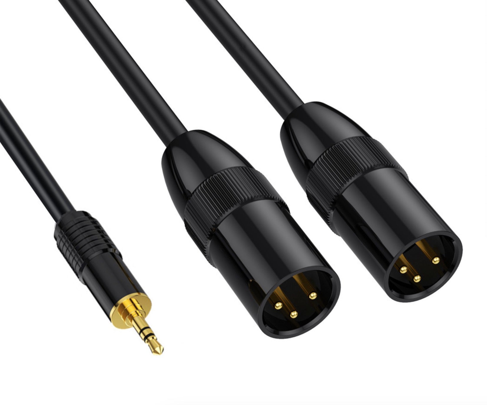 3.5mm audio jack to dual XLR male connectors close up
