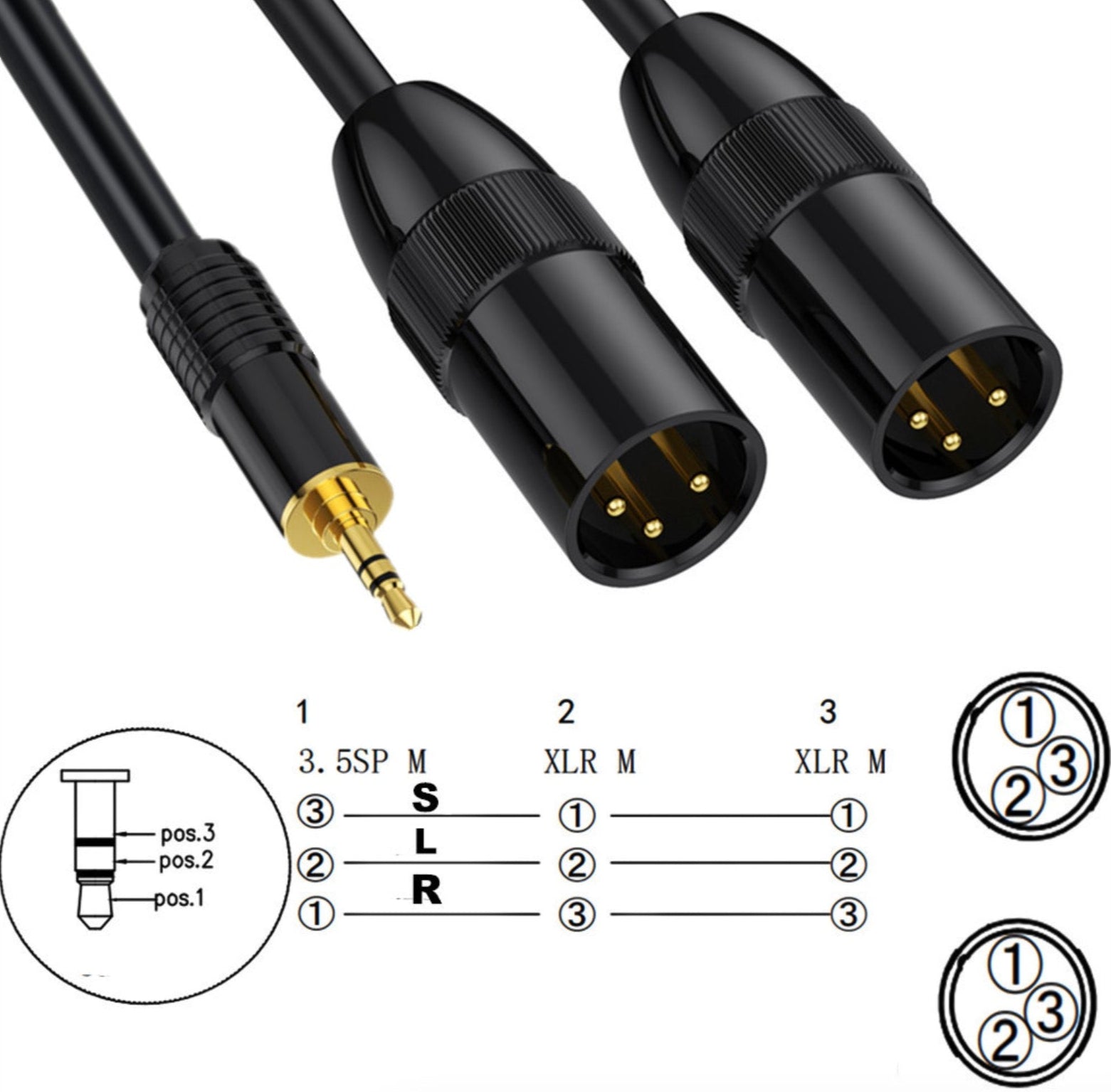 Two audio cables with different connectors on a white background, including a diagram of connector pinouts.
