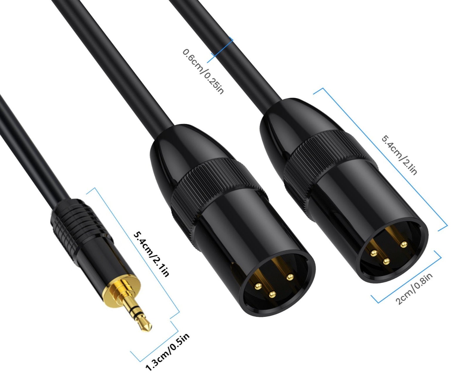 Two audio cables with XLR and 3.5mm connectors, showing dimensions on a white background.