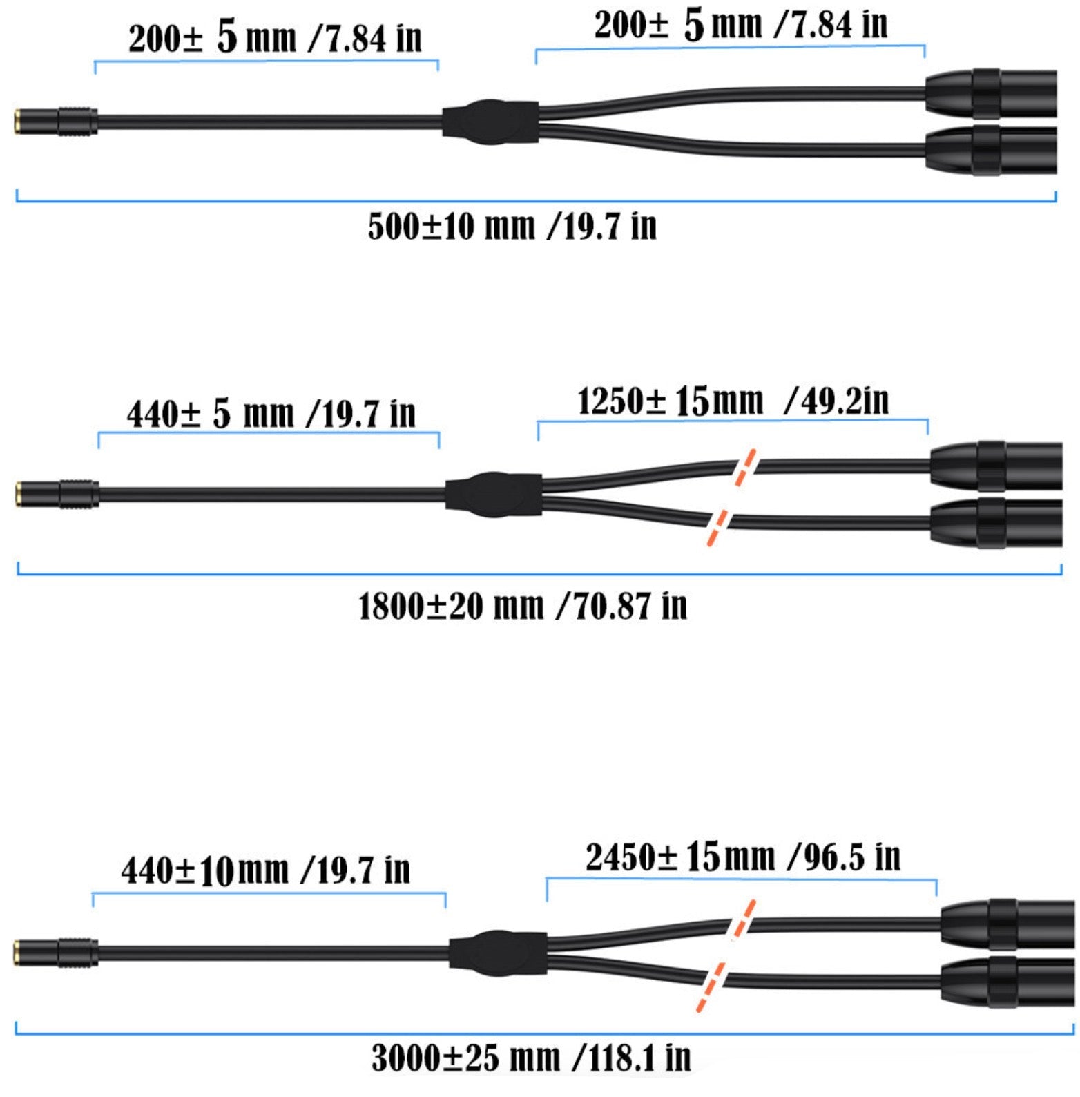 Measurement chart of black cables with labeled lengths on a white background