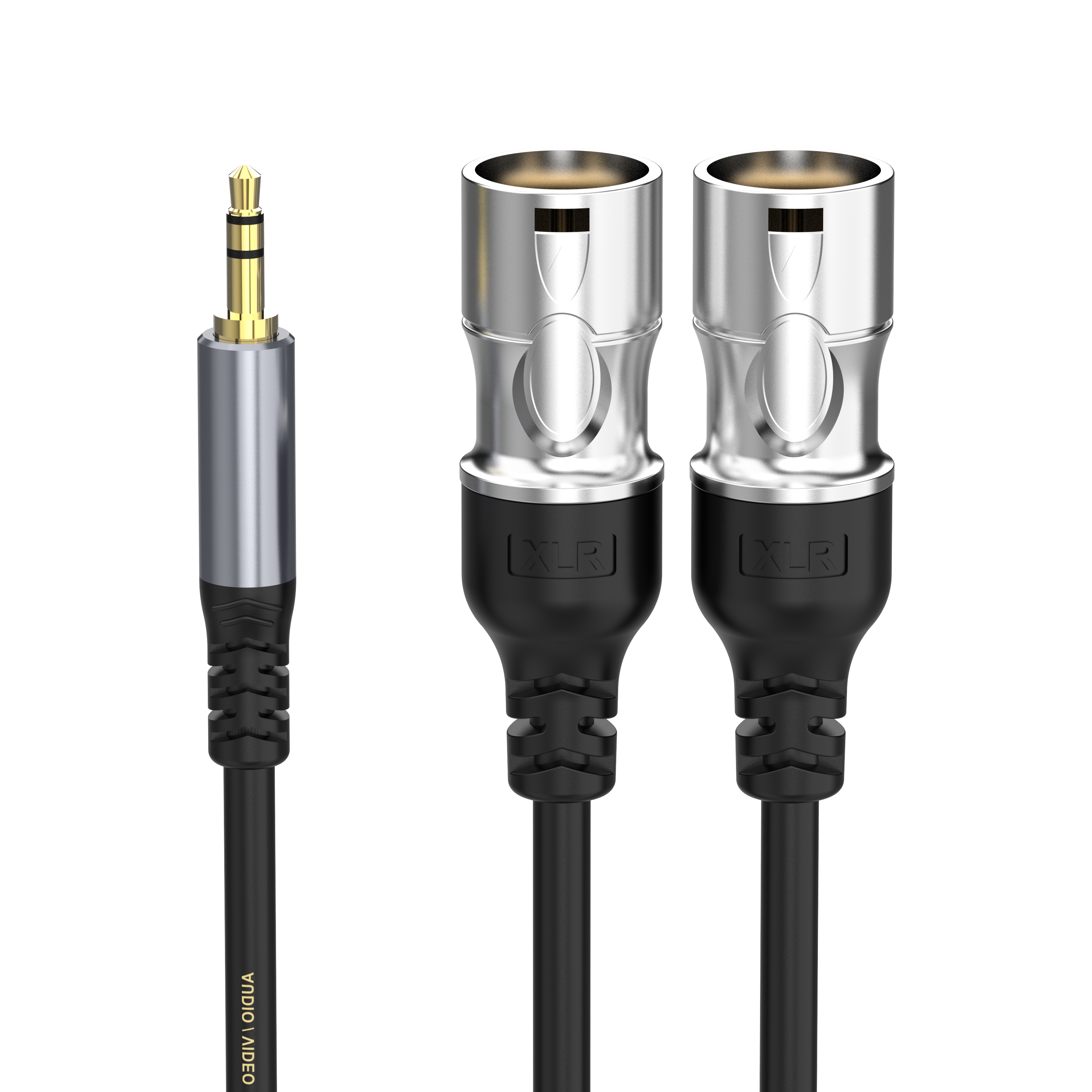 Dual XLR male to 3.5mm mini jack TRS microphone cable for cameras, recording and professional audio use