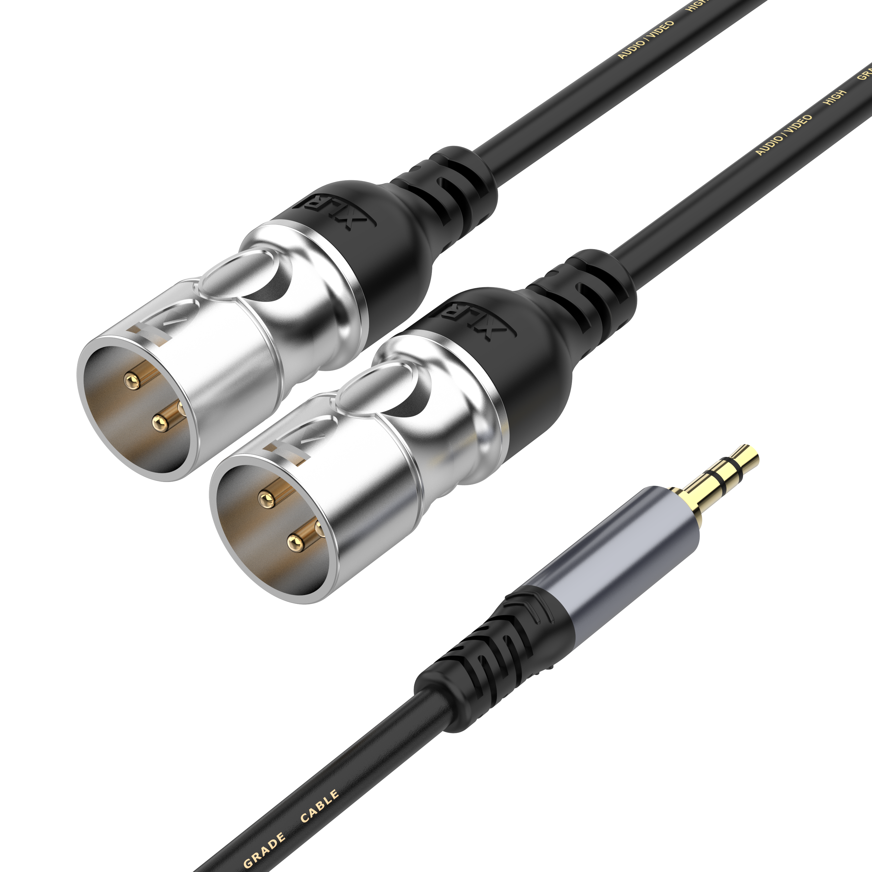 Dual XLR male to 3.5mm mini jack TRS microphone cable for cameras, recording and professional audio use