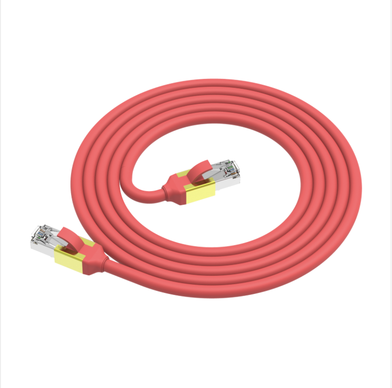 Red Ethernet cable with yellow connectors on a white background