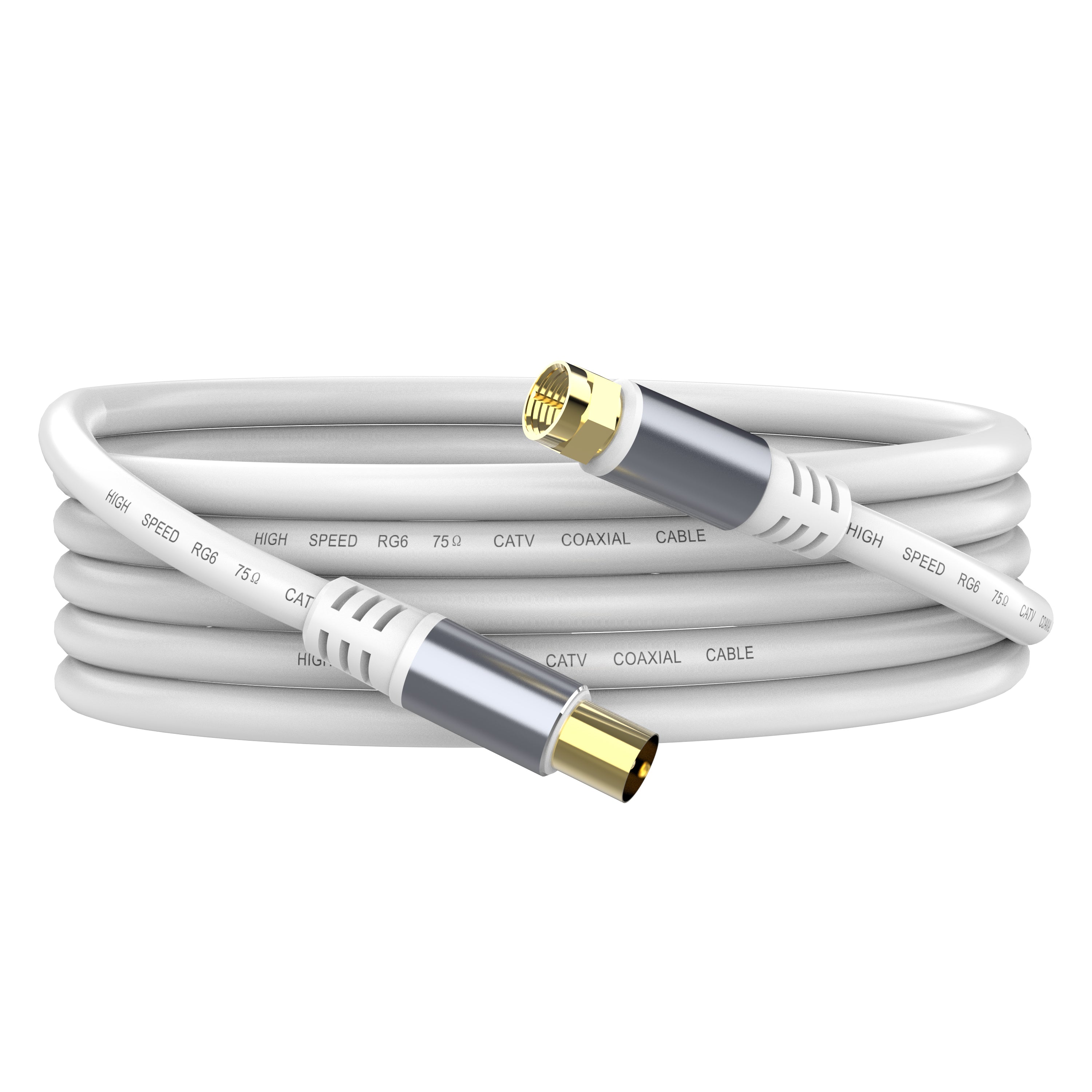 A white coaxial cable with an F type male connector on one end and an RF male connector on the other.