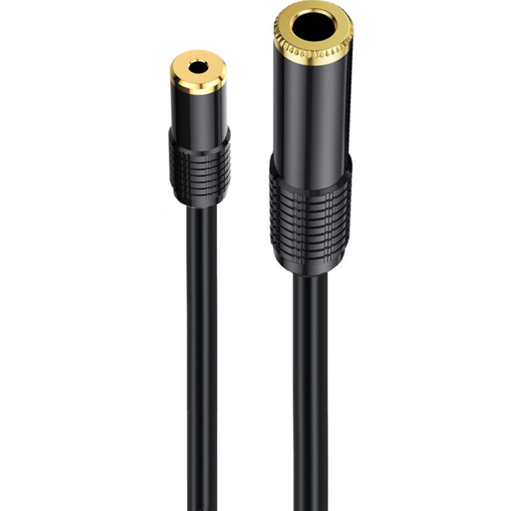 A black stereo audio cable with 3.5mm to 6.35mm female connectors, featuring gold-plated connectors and a flexible wire body.