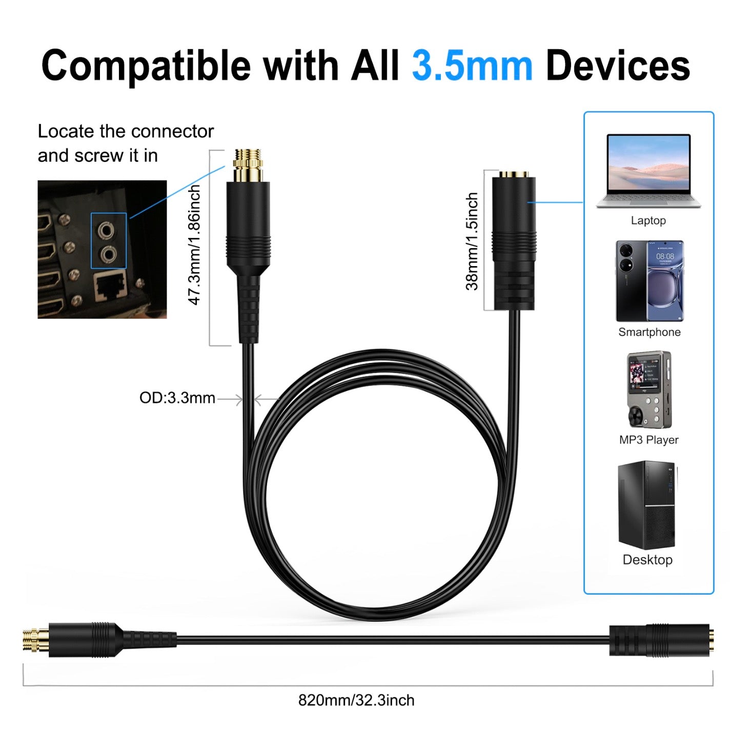 Panel mount 3.5mm stereo extension socket cable for AV installations