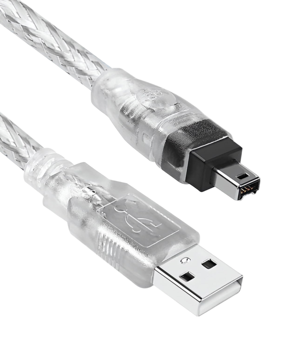 USB cable with clear jacket and black connector on a white background