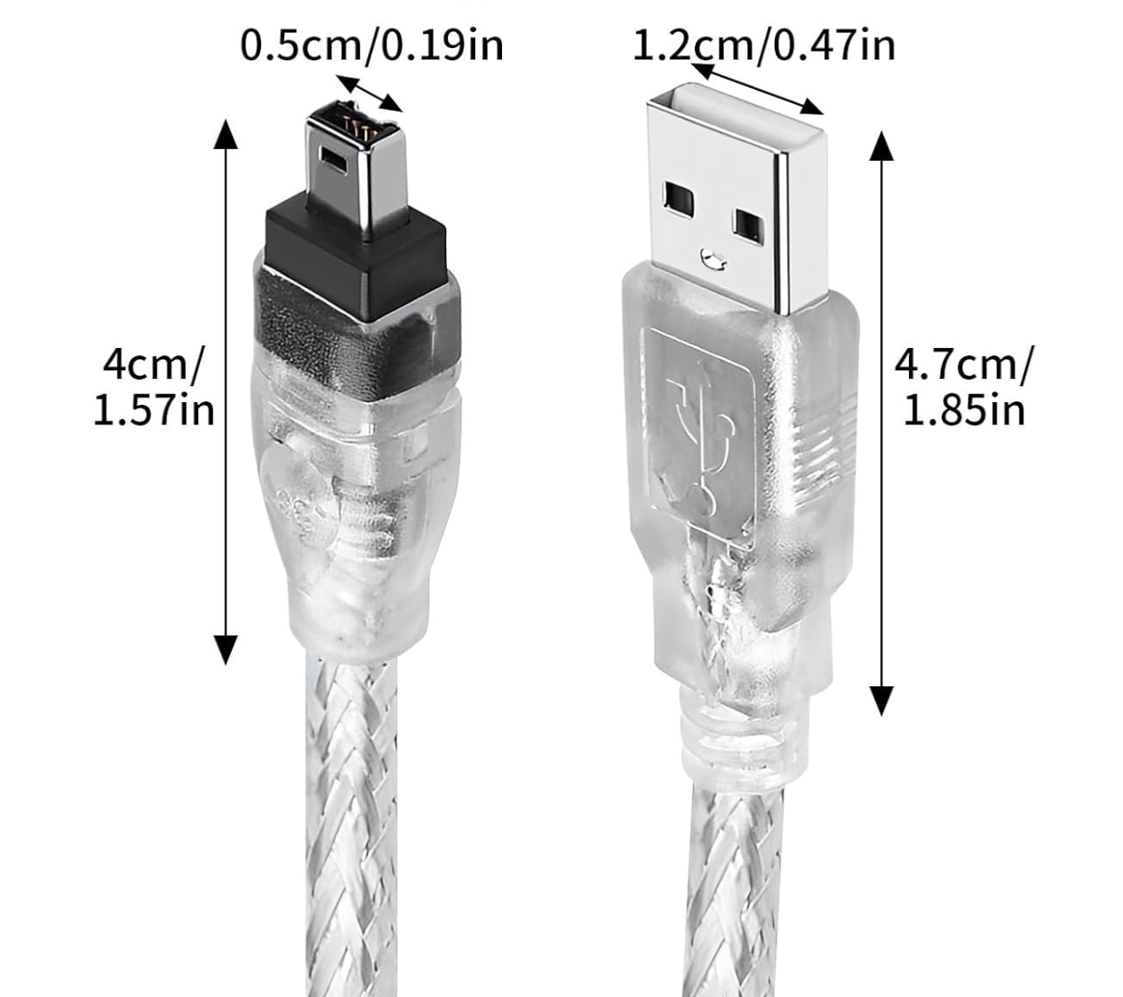 Measurement chart of USB cable with connectors on a white background