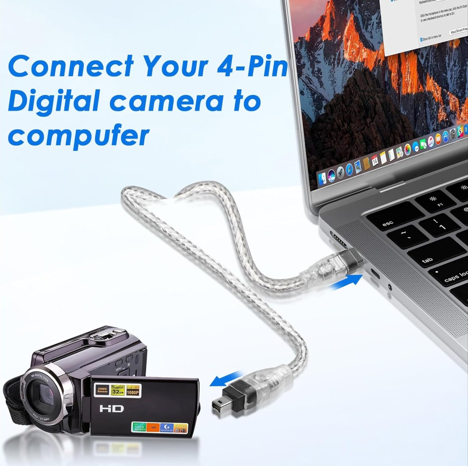 Digital camera with USB cable connected to a laptop on a light blue background