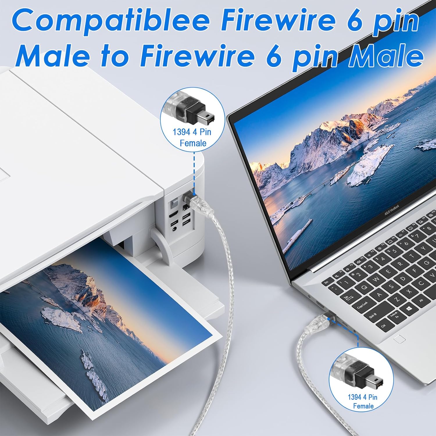 Firewire cable connecting a laptop to a monitor with text indicating compatibility.