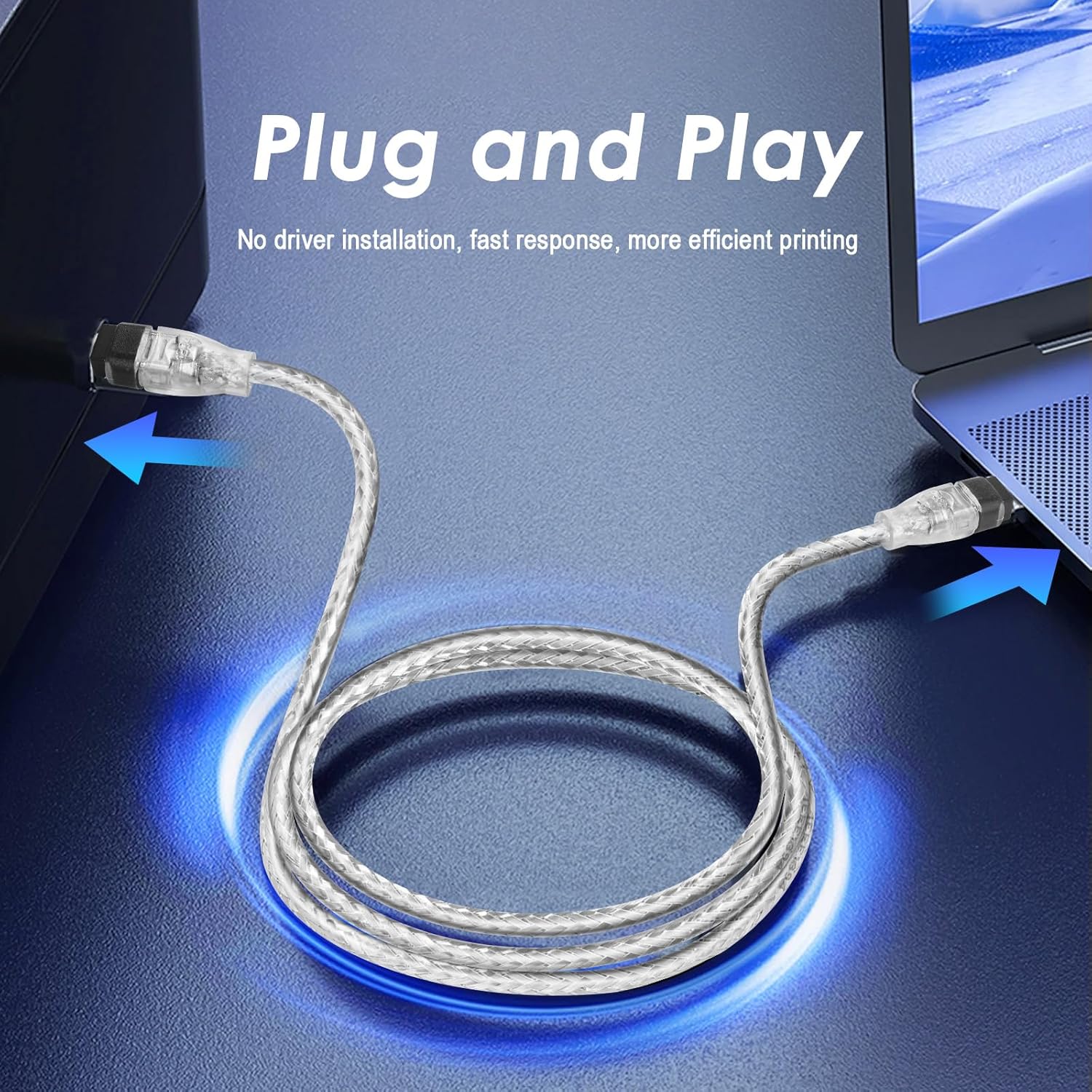 USB cable with text 'Plug and Play' on a blue background