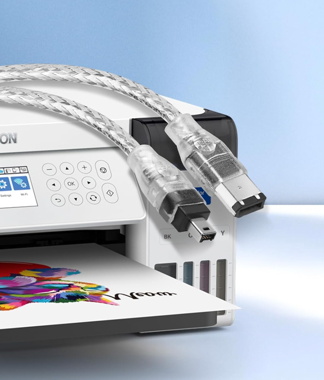 Epson printer with cables on a light blue background
