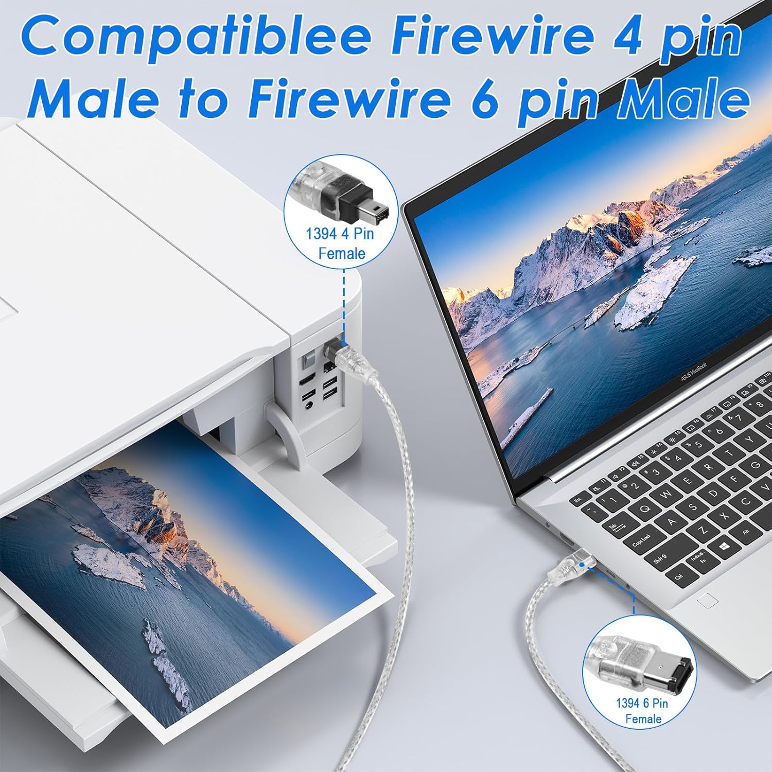 Firewire cable connecting a laptop to a monitor with text indicating compatibility.