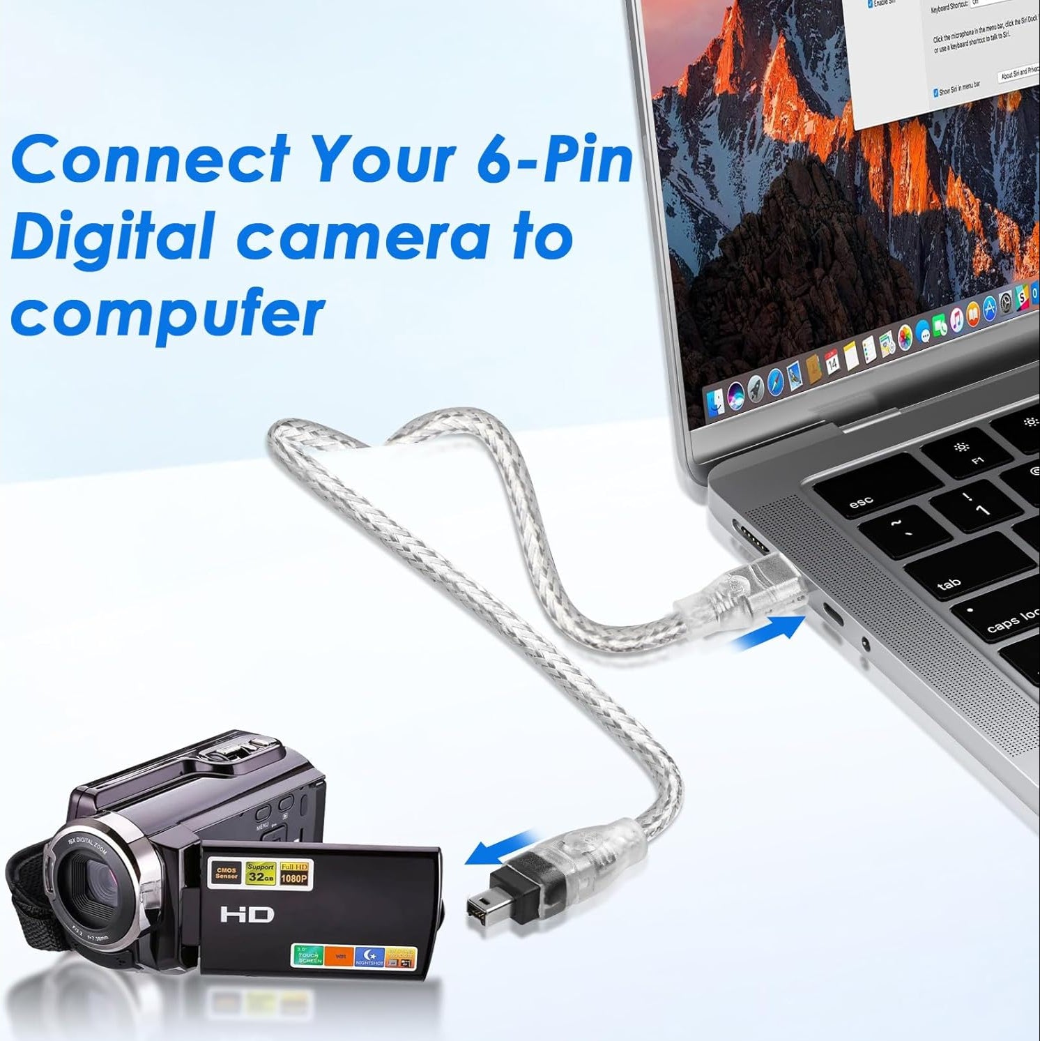Digital camera with 6-pin cable connected to a laptop on a light blue background