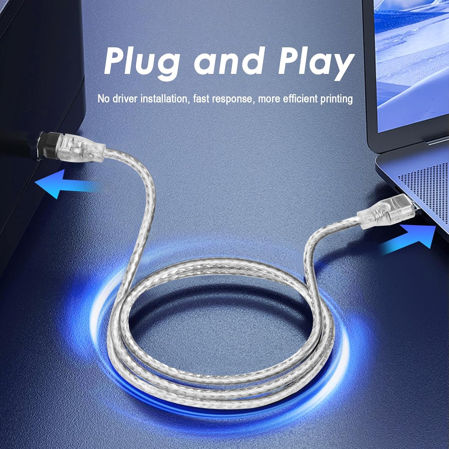 USB cable with connectors on a blue background, promoting 'Plug and Play' functionality.