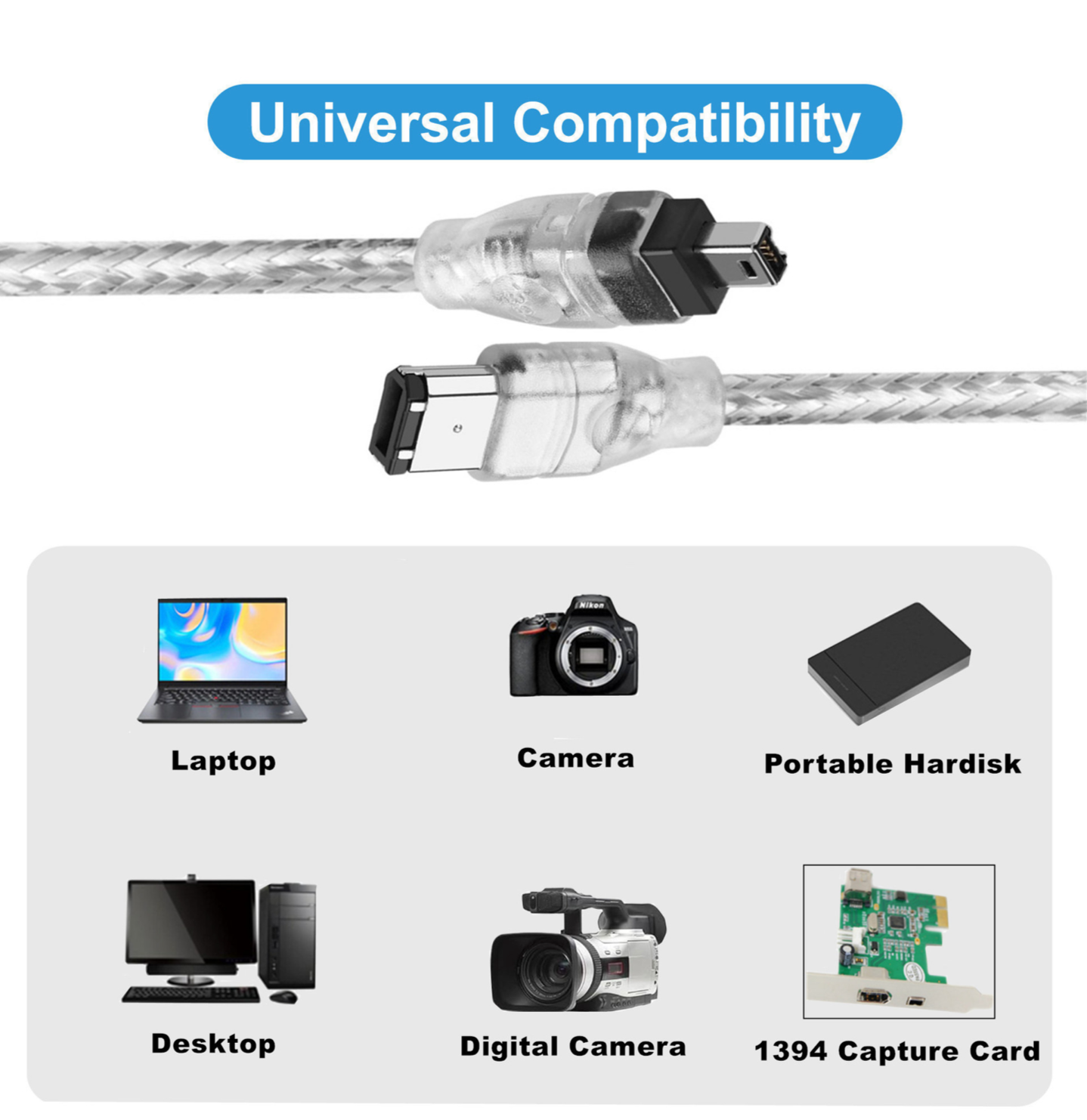 Cable with connectors for various devices on a white background, labeled 'Universal Compatibility'.