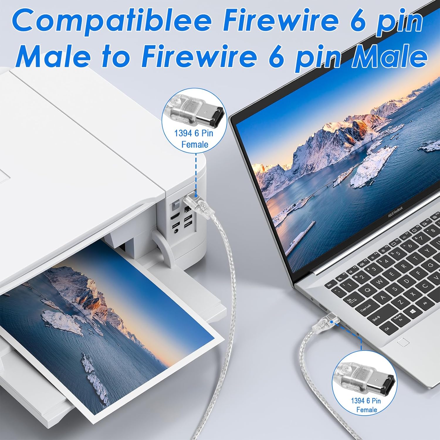 Firewire cable connecting a laptop to a monitor with text indicating compatibility.