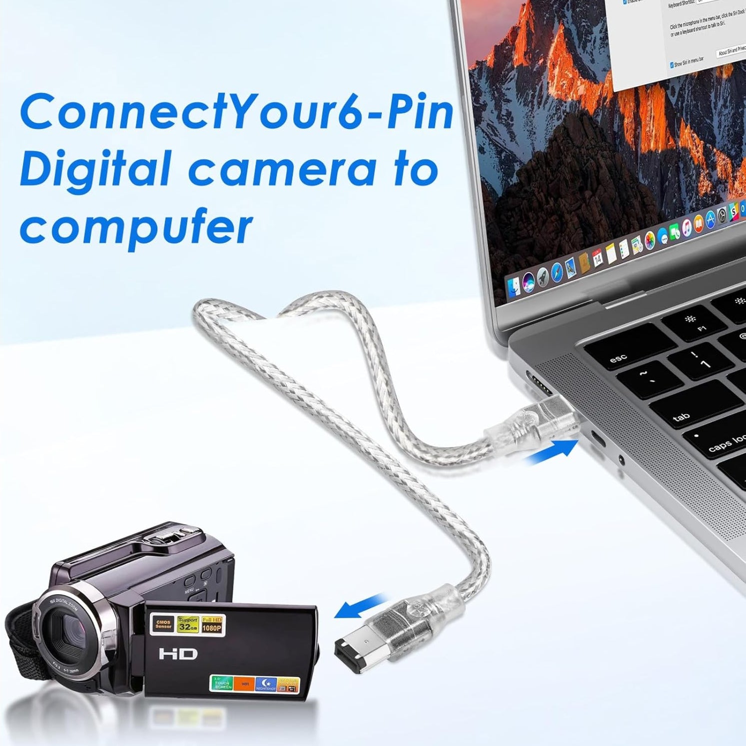 Digital camera connected to a laptop with text 'Connect Your 6-Pin Digital Camera to Computer'.
