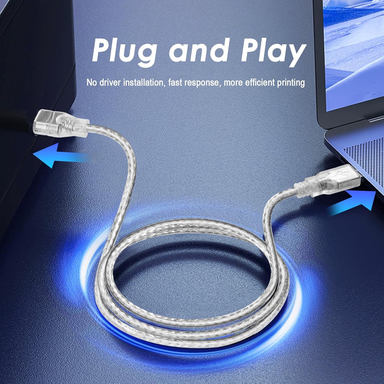 USB cable being plugged into a laptop with text 'Plug and Play' on a blue background