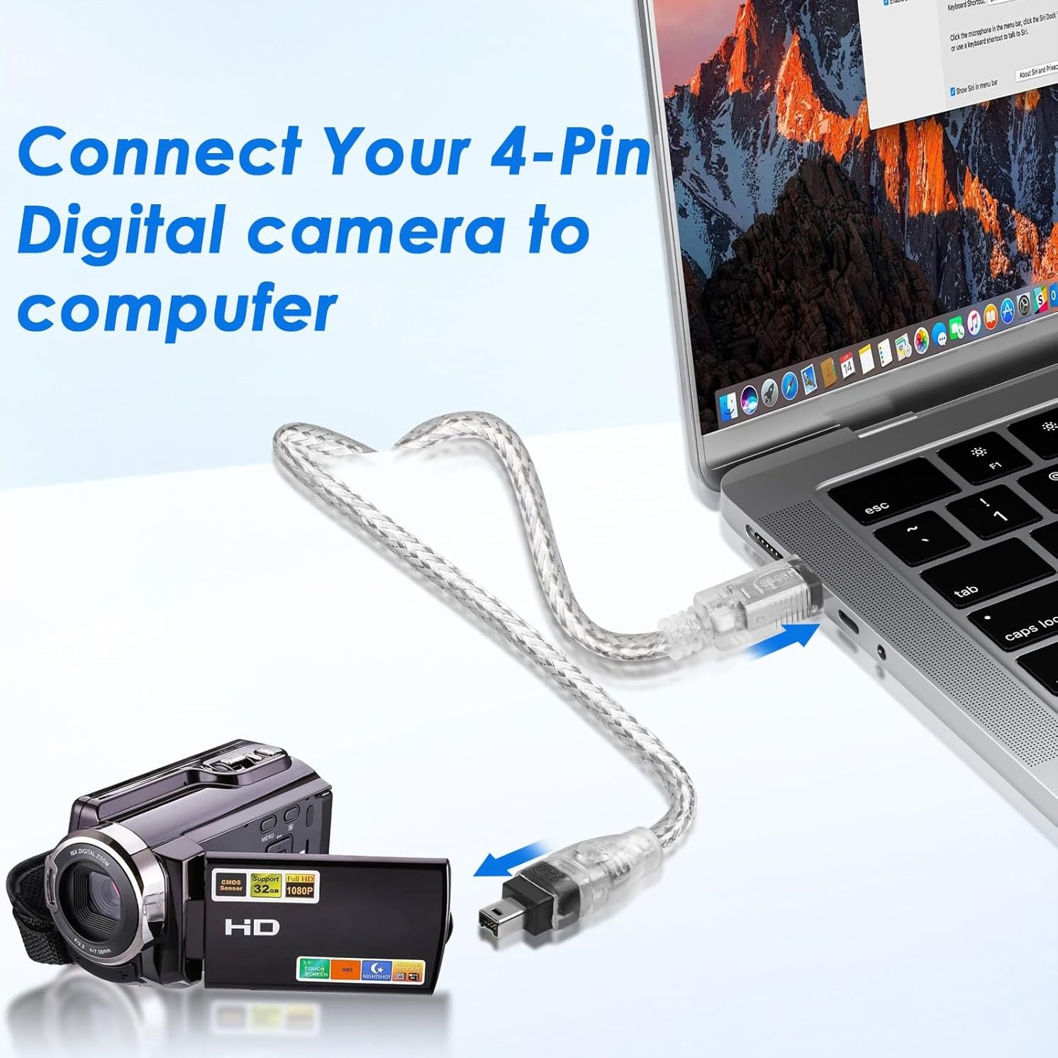 Digital camera with USB cable connected to a laptop displaying a mountain scene.