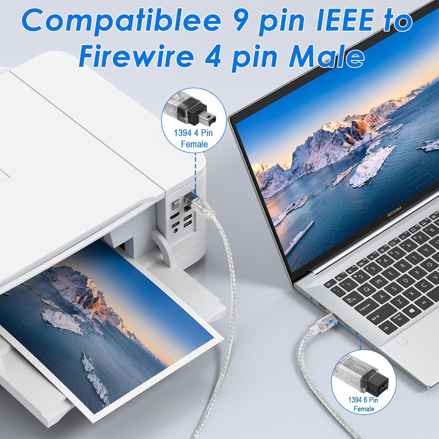 9 pin IEEE to Firewire 4 pin Male cable connecting a printer and laptop on a light gray background.