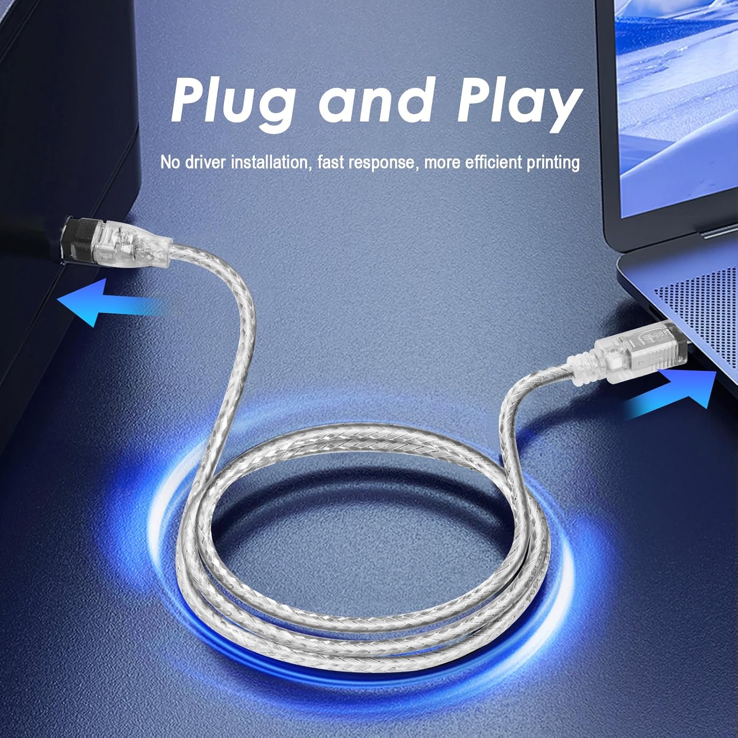 Cable being plugged into a device with text 'Plug and Play' on a blue background