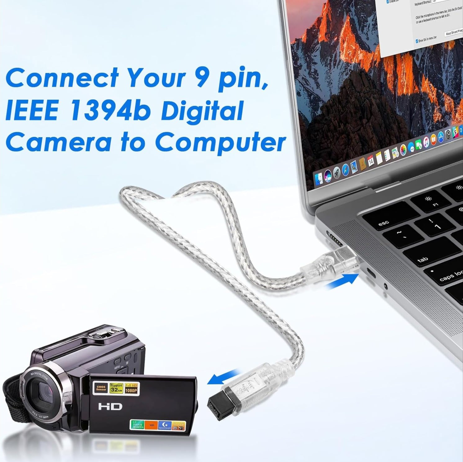 Digital camera with cable connecting to a laptop on a light blue background