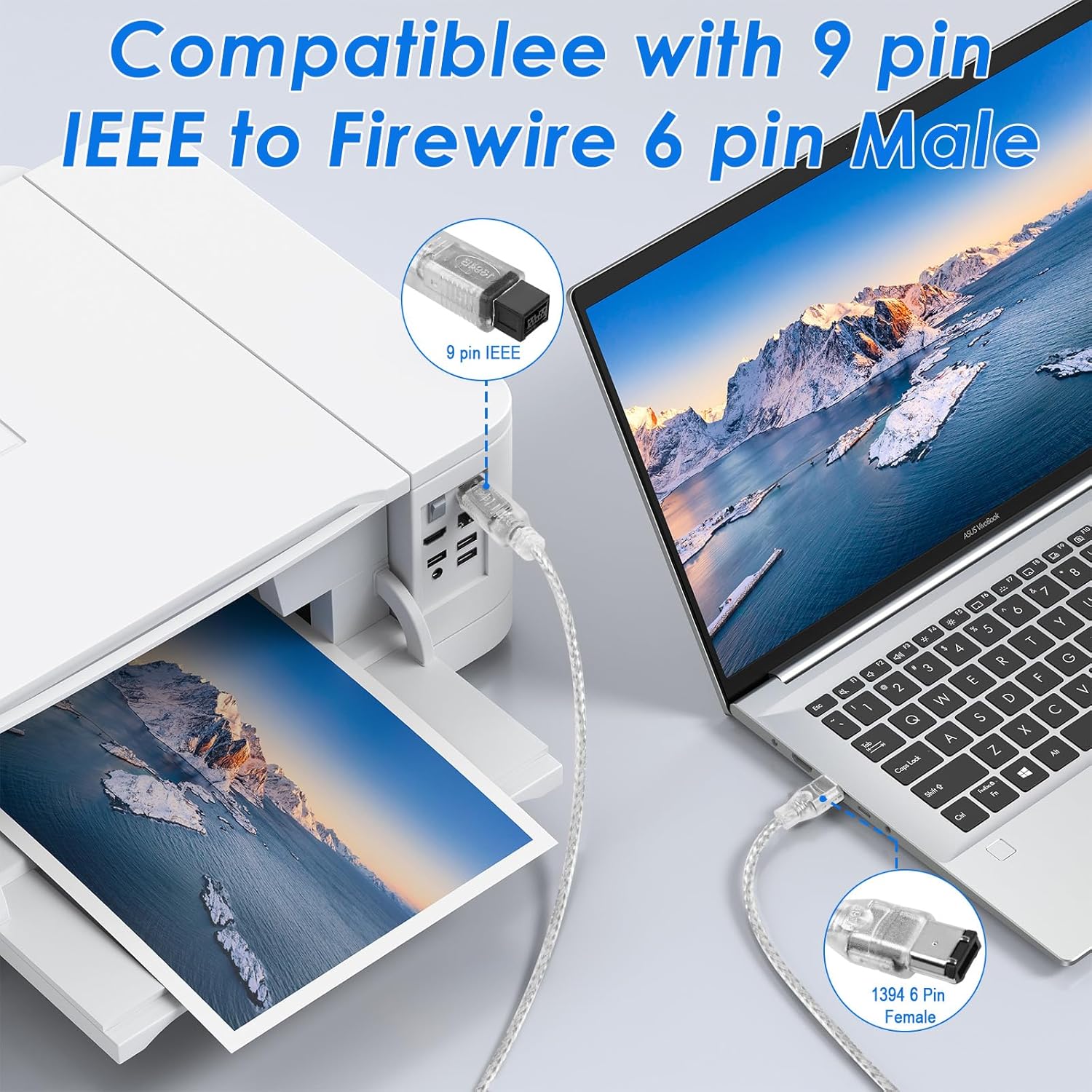 Laptop connected to a printer with text indicating compatibility between 9 pin IEEE and 6 pin Firewire connectors.