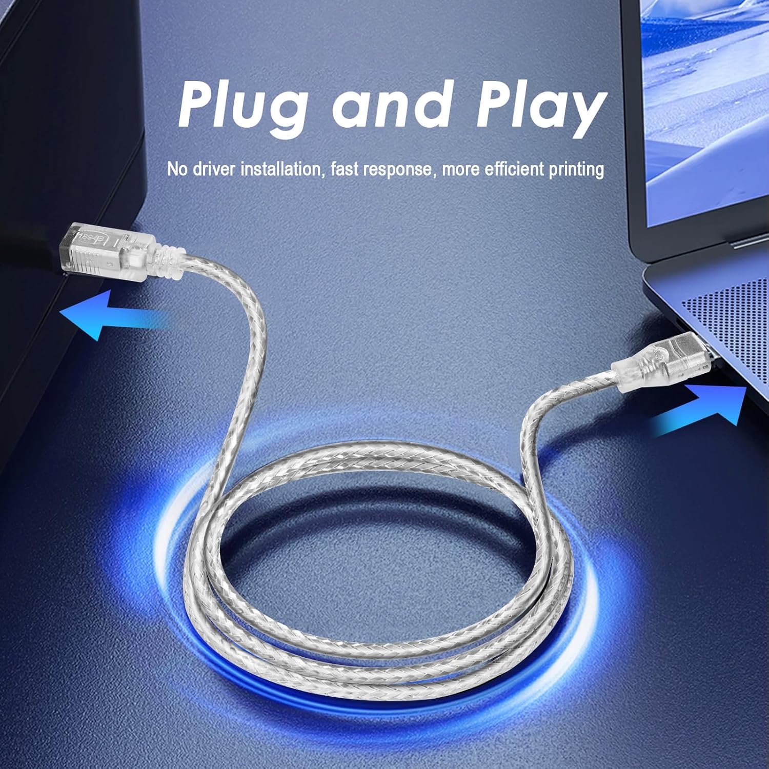 USB cable being plugged into a laptop with text 'Plug and Play' on a blue background