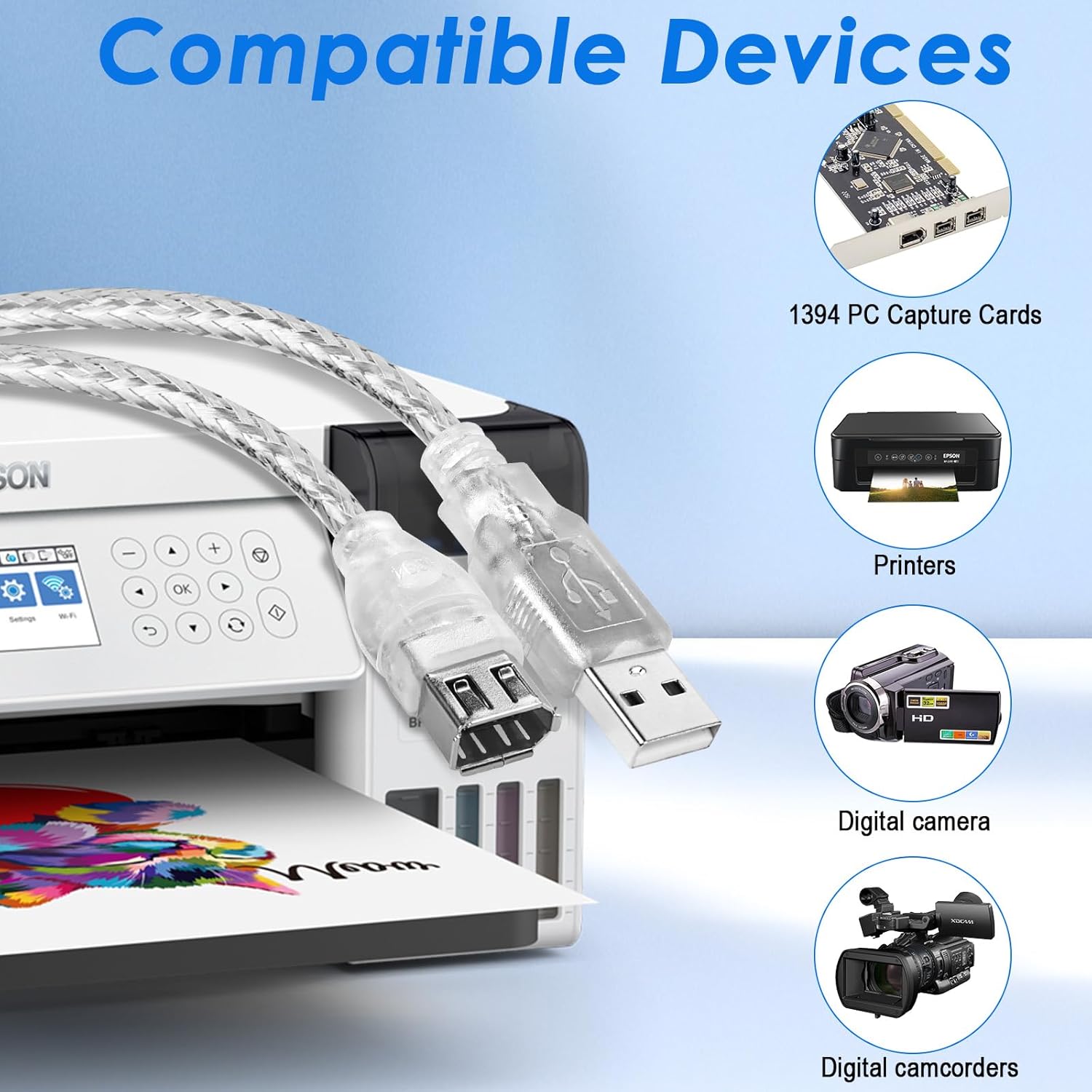 Printer with USB cable and compatible device icons on a blue background