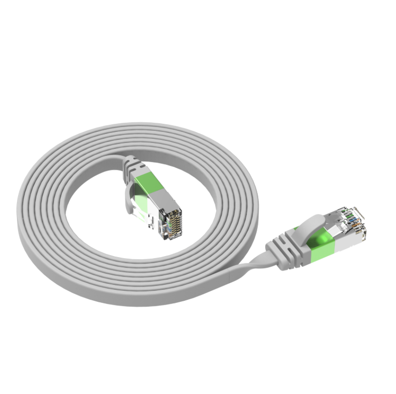 Flat CAT7 U/FTP Ethernet cable coiled for structured cabling installation