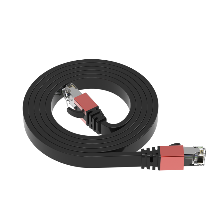 Black Ethernet cable with red connectors on a white background