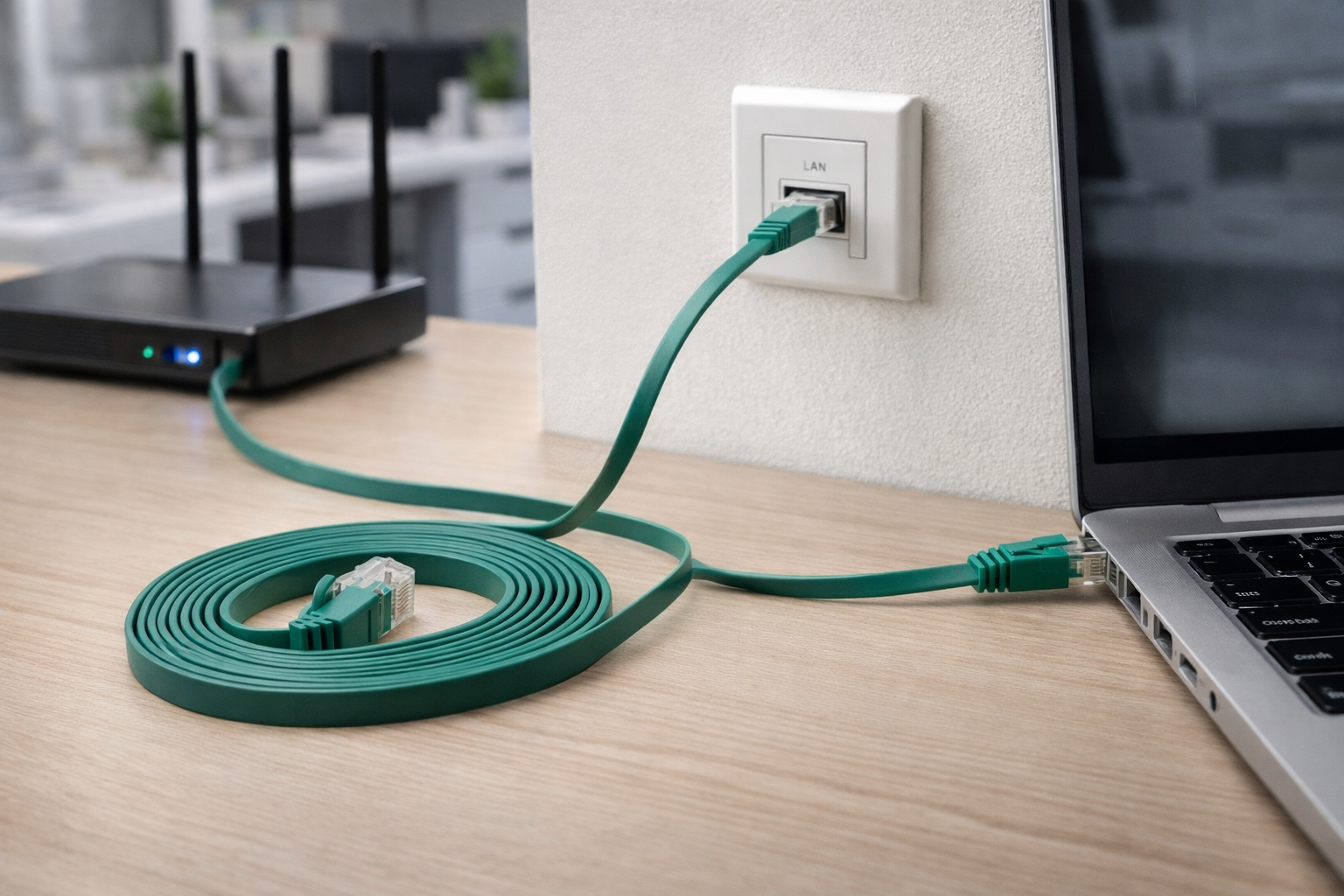Green Ethernet cable connected to a laptop and router on a desk.