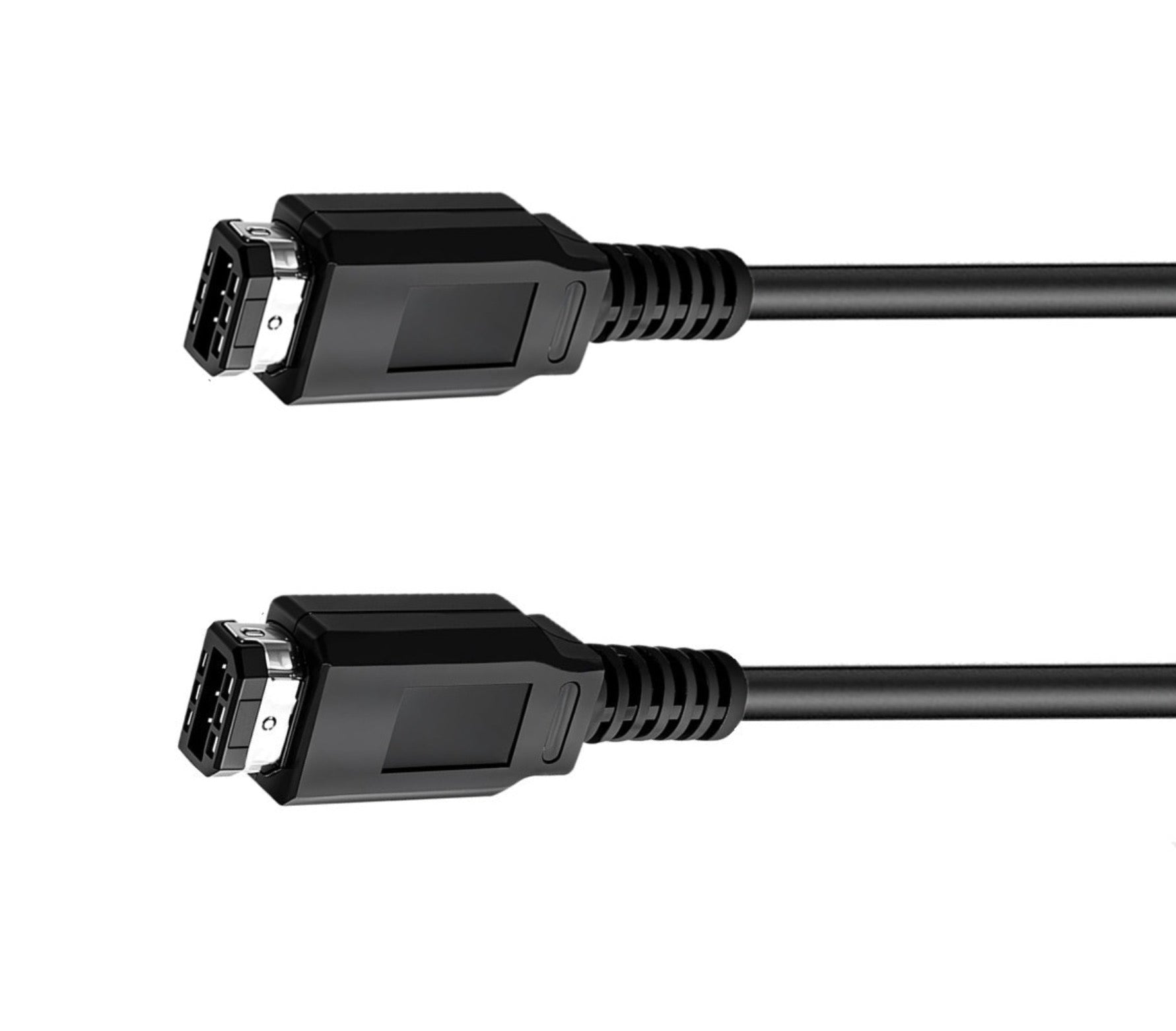 Two black computer cables with connectors on a white background