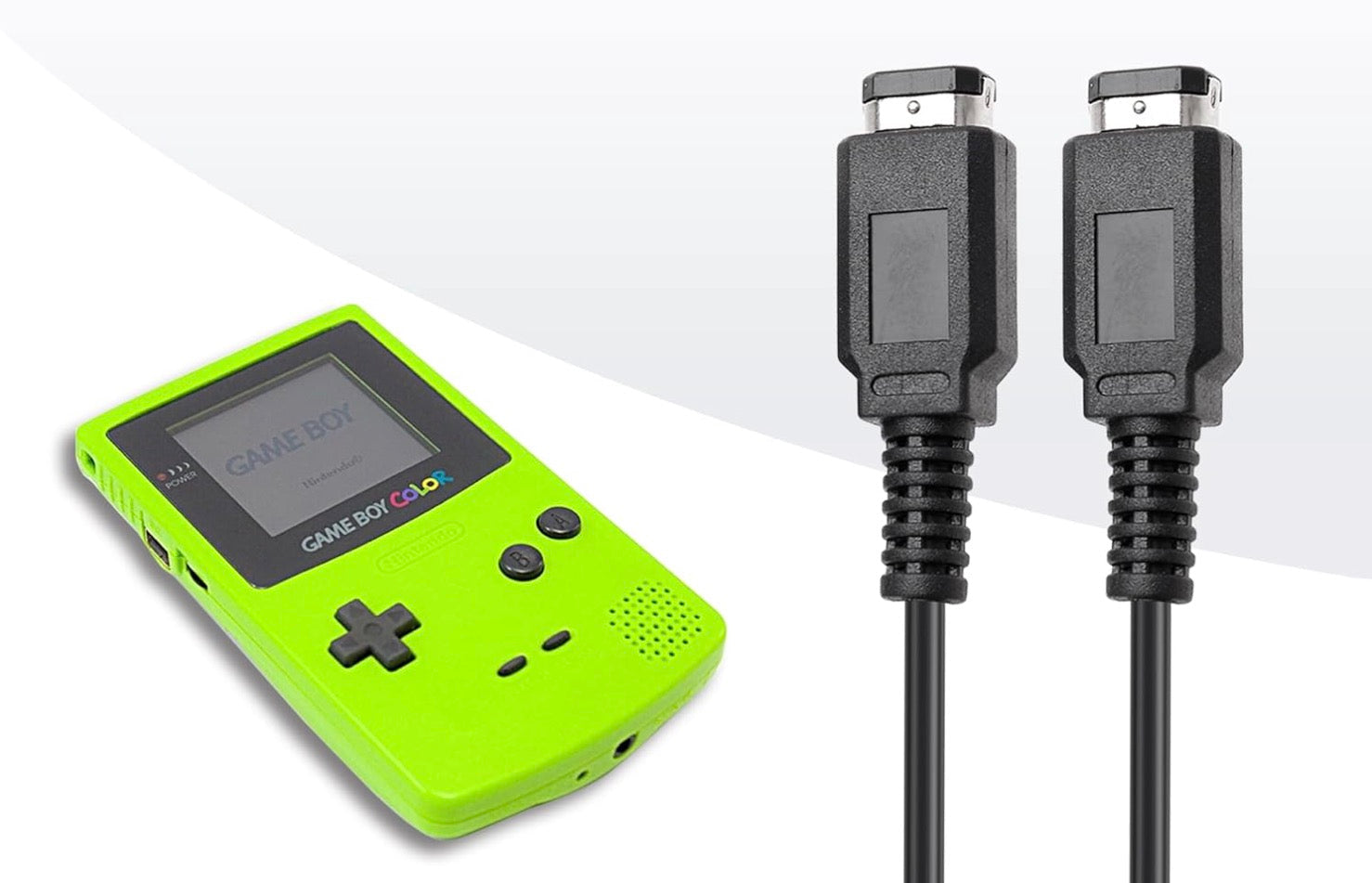 Green Game Boy Color console with two black cables on a white background