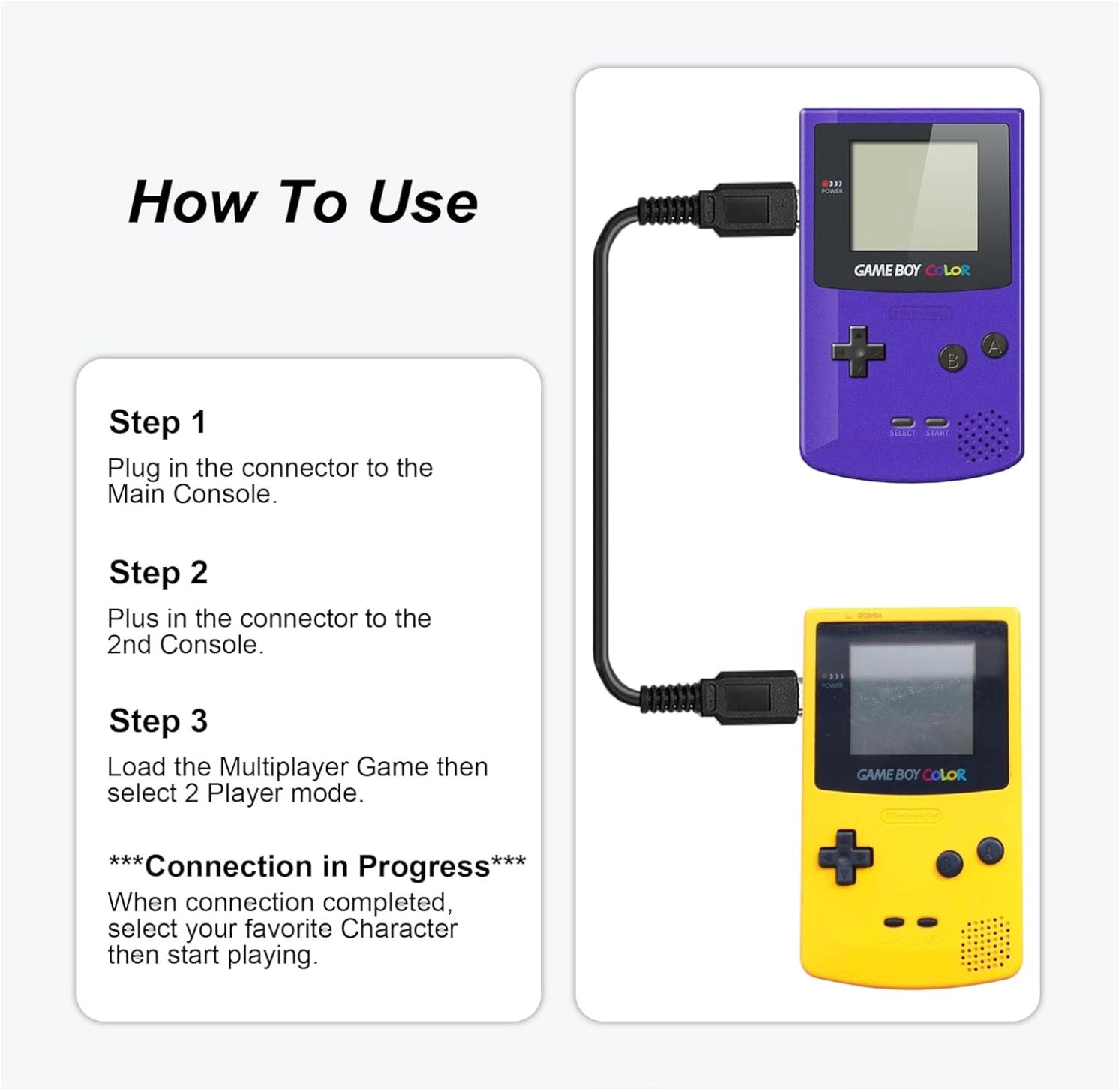 Instructions on how to connect two Game Boy Color consoles with text and images of the consoles.