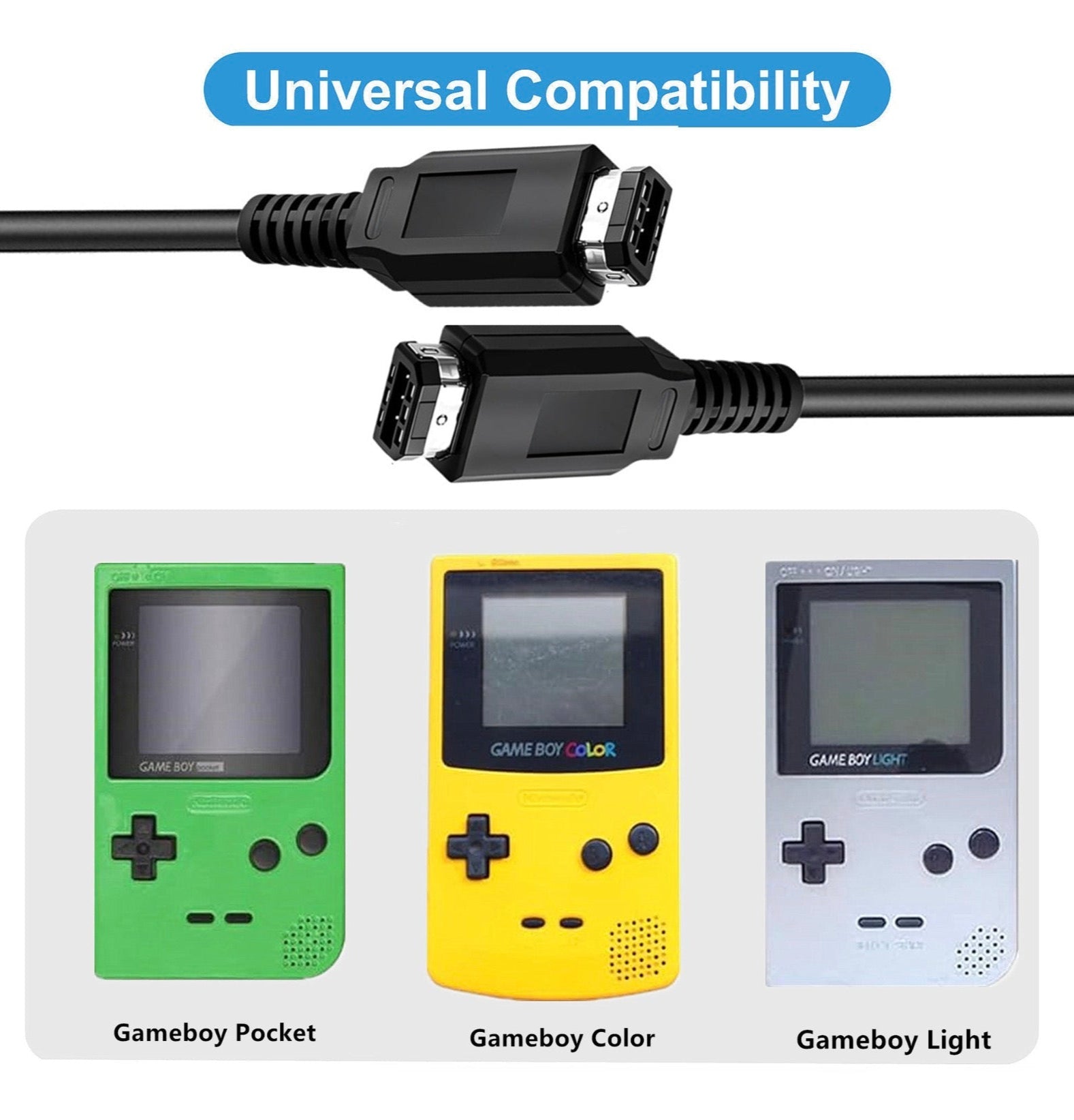 Two cables connected to Gameboy devices with 'Universal Compatibility' text above.