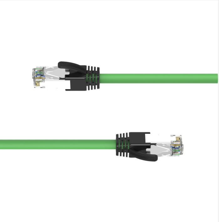 Green industrial CAT6A Ethernet cable with RJ45 male connectors both ends